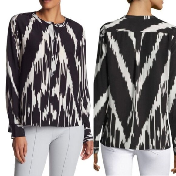 Theory Isalva 100% Silk Black White Print Long Sleeve High Low Blouse Size Small - Picture 1 of 9